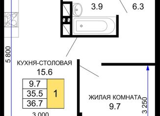 Продается однокомнатная квартира, 36.7 м2, Краснодарский край