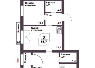 Продам двухкомнатную квартиру, 66.7 м2, посёлок Терема