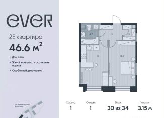Продается двухкомнатная квартира, 46.6 м2, Москва, жилой комплекс Эвер, 1