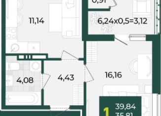 Продажа однокомнатной квартиры, 39.8 м2, Краснодар