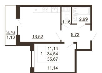 1-комнатная квартира на продажу, 35.7 м2, Ленинградская область, улица Хохлова, 16