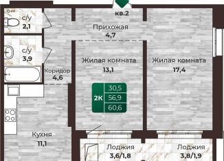 Продажа двухкомнатной квартиры, 60.6 м2, Барнаул, Центральный район
