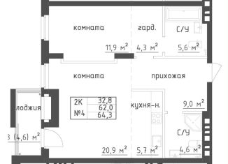 Продажа двухкомнатной квартиры, 64.3 м2, Самара, Самарская улица, 220