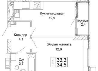 1-комнатная квартира на продажу, 34.5 м2, Волгоград, ЖК Колизей