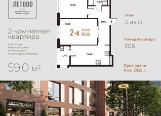Продажа двухкомнатной квартиры, 59 м2, поселение Сосенское