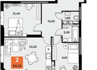 Двухкомнатная квартира на продажу, 64.1 м2, Самара