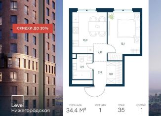 Продаю однокомнатную квартиру, 34.4 м2, Москва, Нижегородский район