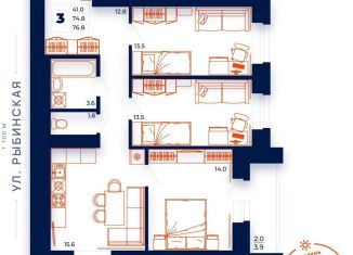 Продам трехкомнатную квартиру, 76.8 м2, Череповец, улица Монтклер, 3Б