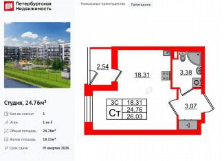 Продаю квартиру студию, 24.8 м2, Санкт-Петербург, метро Звёздная