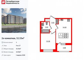 1-комнатная квартира на продажу, 32.6 м2, Санкт-Петербург, метро Елизаровская