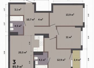 Продам 3-ком. квартиру, 85.9 м2, Екатеринбург, Базовый переулок, 47Х, Октябрьский район
