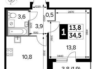 Продается 1-комнатная квартира, 34.5 м2, Люберцы, ЖК 1-й Лермонтовский, жилой комплекс 1-й Лермонтовский, к5.1