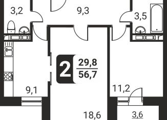 Продаю двухкомнатную квартиру, 56.7 м2, посёлок Развилка, жилой комплекс Три Квартала, к13, ЖК Три Квартала