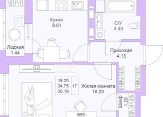 Продажа 1-комнатной квартиры, 36.2 м2, Казань