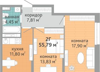 2-комнатная квартира на продажу, 55.8 м2, Екатеринбург, Верх-Исетский район