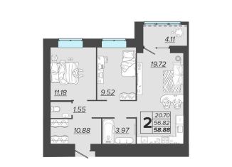 2-ком. квартира на продажу, 58.9 м2, Брянск