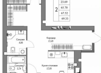 Двухкомнатная квартира на продажу, 69.3 м2, Калуга