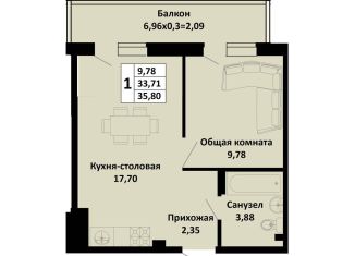 Продается однокомнатная квартира, 40.7 м2, поселок Южный