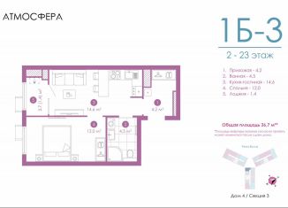 Продажа однокомнатной квартиры, 36.7 м2, Астрахань, улица Бехтерева, 12/4, ЖК Атмосфера