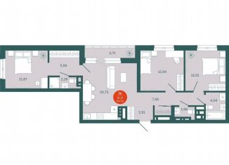 Трехкомнатная квартира на продажу, 84.9 м2, Тюмень