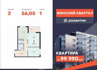 Двухкомнатная квартира на продажу, 56.1 м2, деревня Лупполово, ЖК Финские Кварталы, Деревенская улица, 21