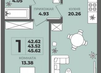 Продам однокомнатную квартиру, 43.5 м2, Калининград