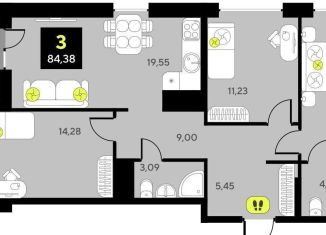 Продаю трехкомнатную квартиру, 84.4 м2, Тюмень, улица Пожарных и Спасателей, 16