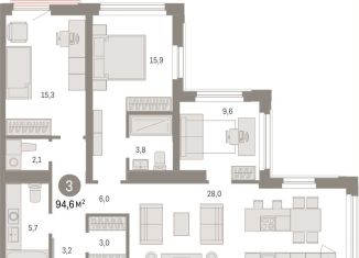 Продажа трехкомнатной квартиры, 94.6 м2, Тюмень, Мысовская улица, 26к2