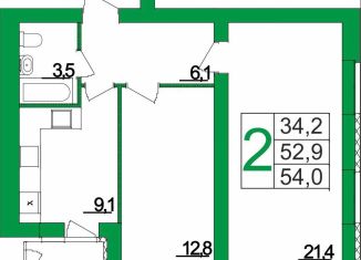 Двухкомнатная квартира на продажу, 54 м2, Республика Башкортостан, улица Лётчиков, 2А