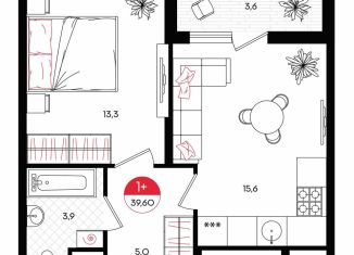 Продам однокомнатную квартиру, 39.6 м2, Тюмень, Центральный округ