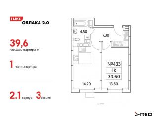 Однокомнатная квартира на продажу, 39.6 м2, Люберцы, Солнечная улица, 2, ЖК Облака 2.0