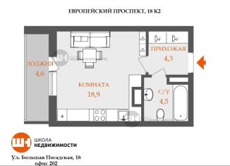 Продам квартиру студию, 30 м2, Кудрово, Европейский проспект, 18к2, ЖК Европейский