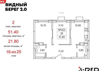 Продаю 2-комнатную квартиру, 51.4 м2, деревня Сапроново, ЖК Видный Берег 2