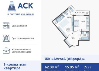 1-ком. квартира на продажу, 62.4 м2, Краснодар, улица Дзержинского, 95, ЖК Аврора