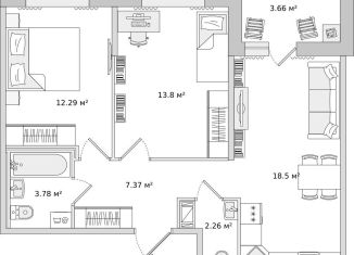 Продажа 2-комнатной квартиры, 61.7 м2, Санкт-Петербург, муниципальный округ Коломяги