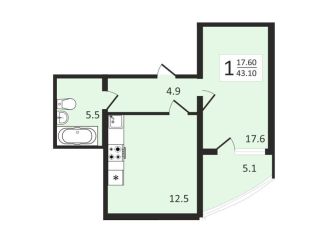 Продажа 1-ком. квартиры, 43.1 м2, Воронеж, ЖК Лазурный