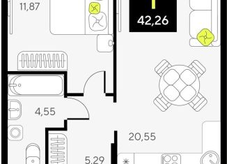 Продам однокомнатную квартиру, 42.3 м2, Тюмень, Центральный округ