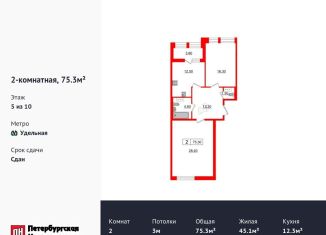 2-комнатная квартира на продажу, 75.3 м2, Санкт-Петербург, Манчестерская улица, 3