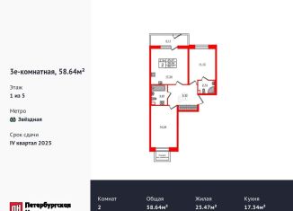 Двухкомнатная квартира на продажу, 58.6 м2, Санкт-Петербург, Московский район