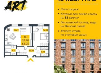 Продам 1-ком. квартиру, 63.9 м2, Санкт-Петербург, муниципальный округ Гавань