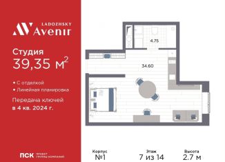 Квартира на продажу студия, 39.4 м2, Санкт-Петербург, Магнитогорская улица, 51литЗ, метро Ладожская