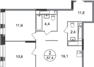 Продам 2-ком. квартиру, 57.4 м2, Московский