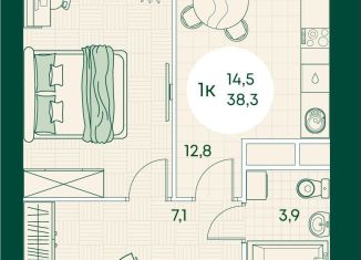 Продается 1-комнатная квартира, 38.3 м2, посёлок городского типа Яблоновский