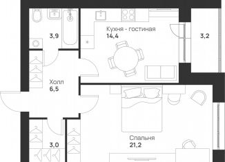 Однокомнатная квартира на продажу, 52.2 м2, Тула, улица Героев России, 6