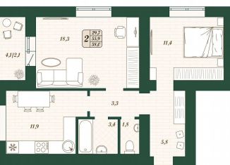 2-ком. квартира на продажу, 55.9 м2, поселок городского типа Стройкерамика, улица Олега Пешкова, ЖК Детский Мир