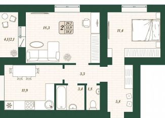 Продаю 2-комнатную квартиру, 55.9 м2, поселок городского типа Стройкерамика, улица Олега Пешкова, ЖК Детский Мир