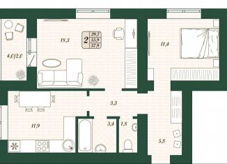 Продам двухкомнатную квартиру, 55.9 м2, поселок городского типа Стройкерамика, улица Олега Пешкова