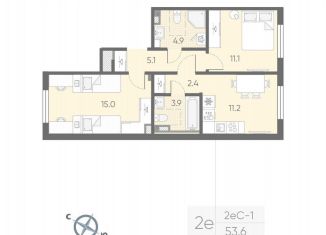 2-комнатная квартира на продажу, 53.6 м2, посёлок Шушары