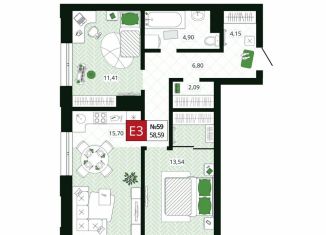 Продам 2-ком. квартиру, 58.6 м2, Тула