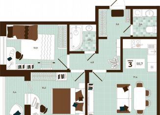 3-комнатная квартира на продажу, 55.7 м2, Тула